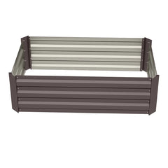 Freestanding raised bed planter with dark gray slatted sides and open top.
