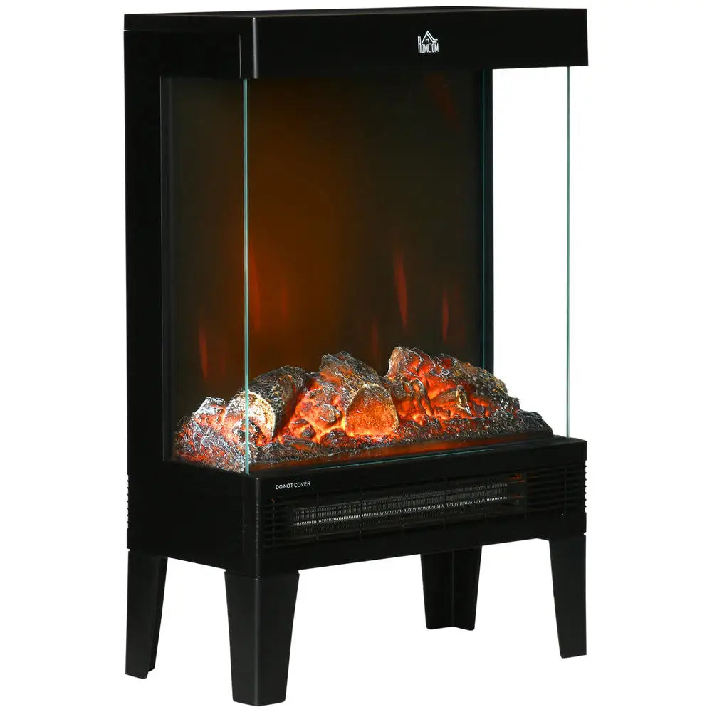Black electric fireplace heater with side tempered glass panels and LED flame