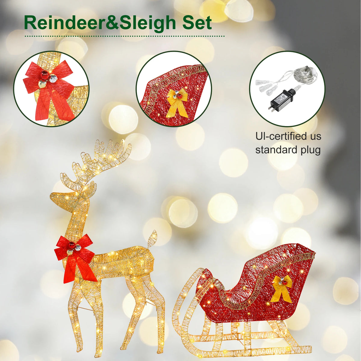 Reindeer and sleigh light set with red bow accents and glowing golden wire frame
