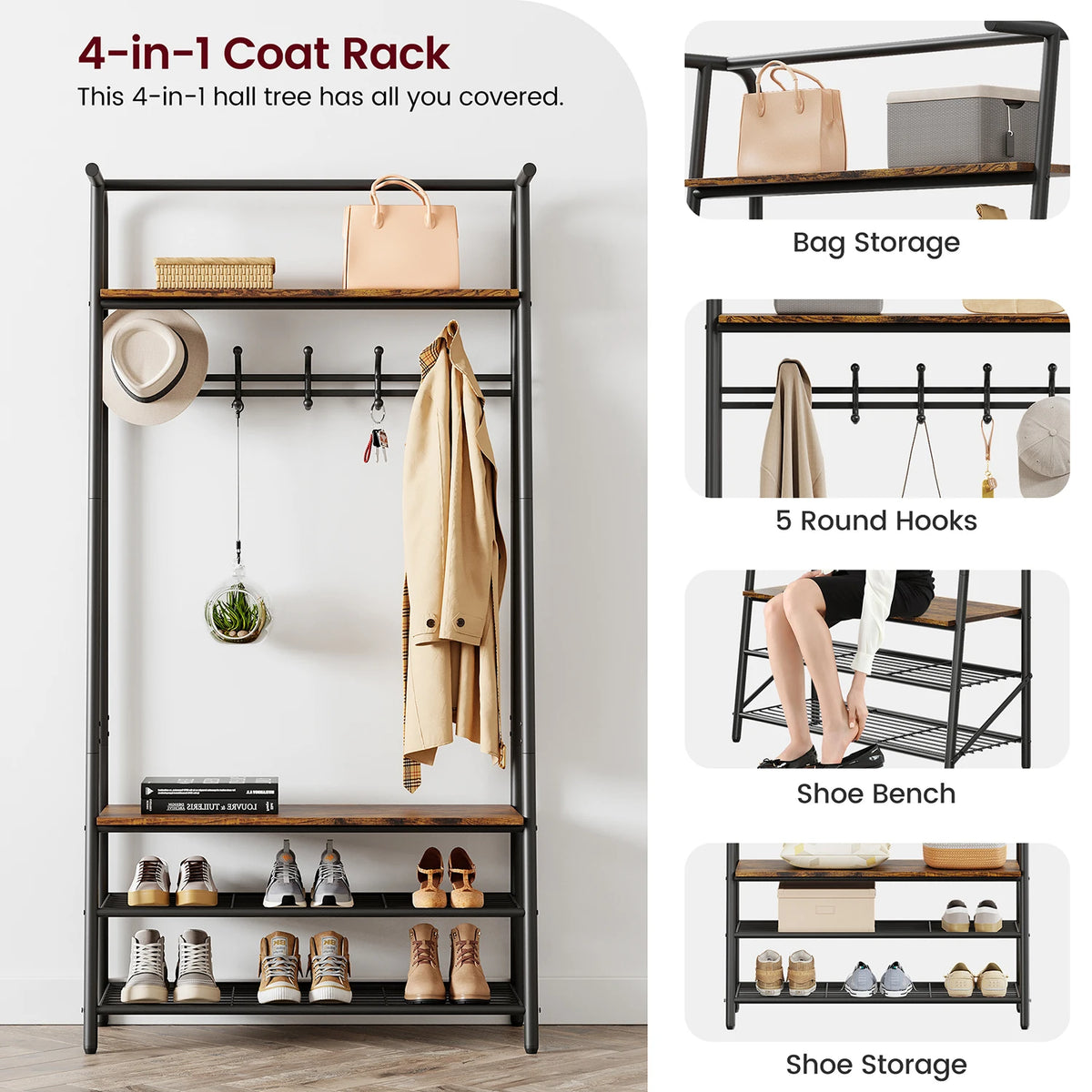 4-in-1 coat rack shoe bench with hanging hooks, bag storage, and shoe rack shelves