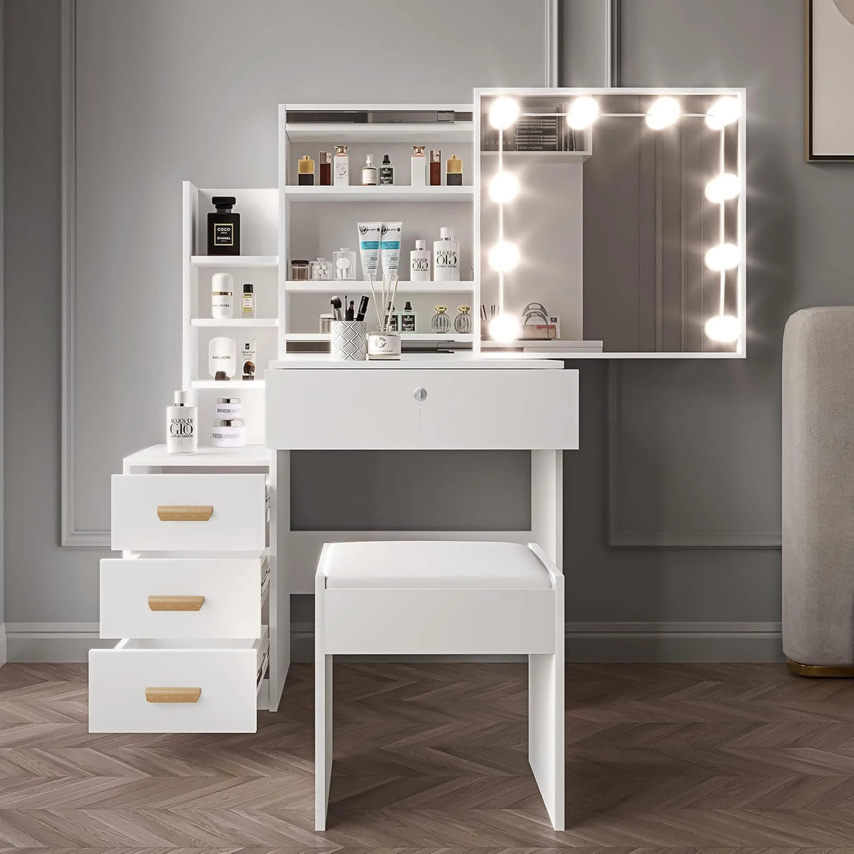 White vanity desk with LED-lit mirror, multiple shelves and drawers, matching cushioned stool