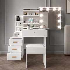 White vanity desk with LED-lit mirror, multiple shelves and drawers, matching cushioned stool