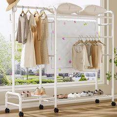 White clothing rail with multiple hanging rails and shoe storage at the bottom