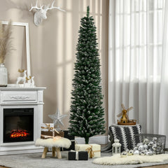 Artificial snow-dipped Christmas pencil tree, green with silver ornaments and white flocking