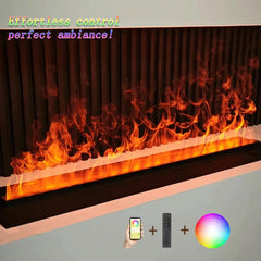 Long electric fireplace with orange flame effect and remote/app control icons
