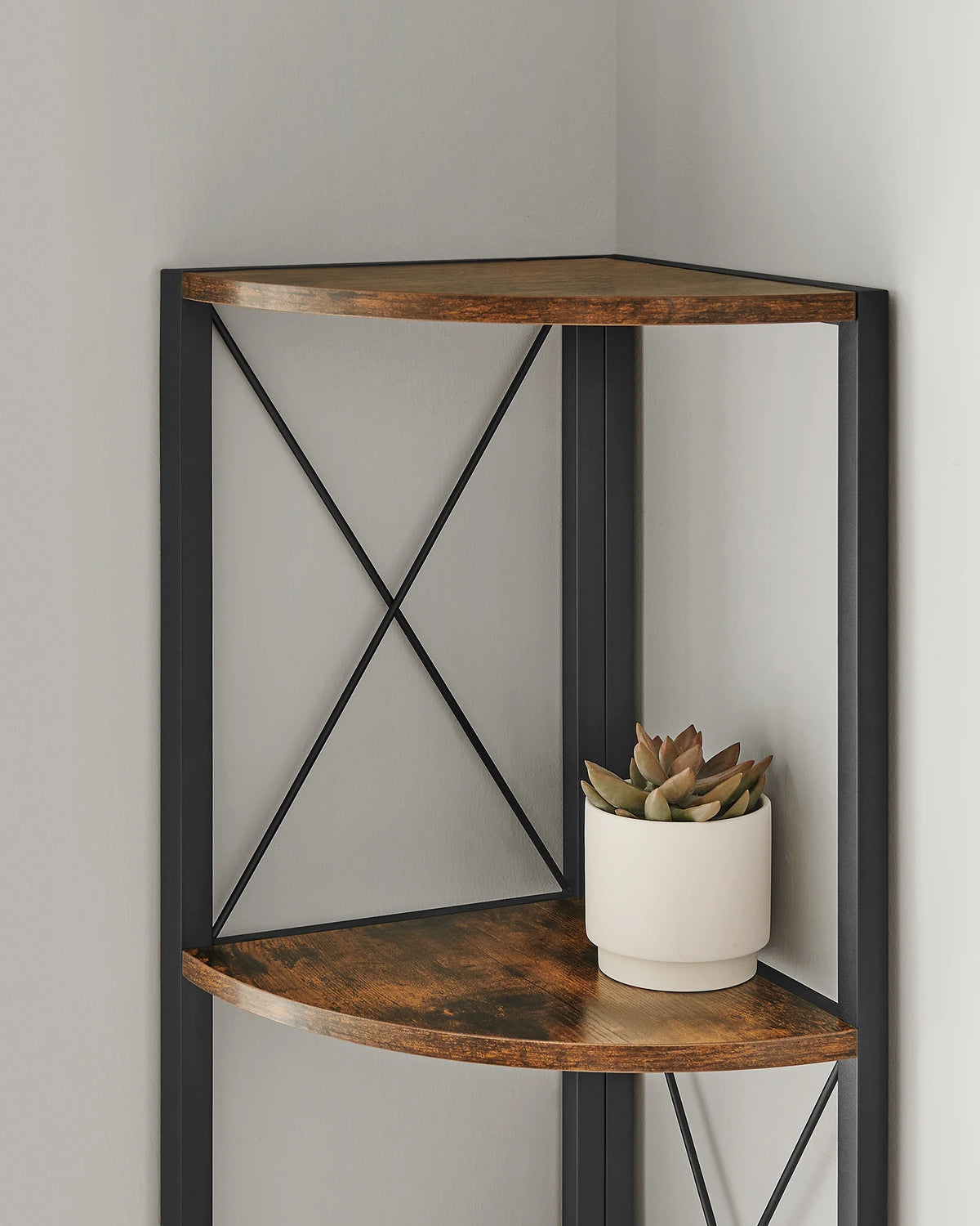 Corner 5-tier shelf with black metal frame, wood-look shelves, and potted plant