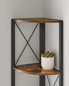 Corner 5-tier shelf with black metal frame, wood-look shelves, and potted plant