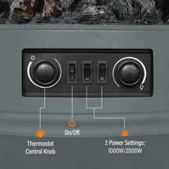 Grey electric fireplace heater control panel with temperature knob and power buttons