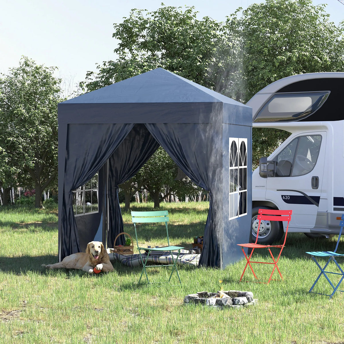 Blue pop-up garden gazebo tent with dark curtains and window side panels