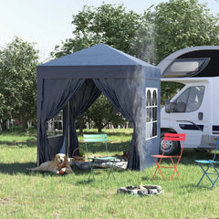 Blue pop-up garden gazebo tent with dark curtains and window side panels
