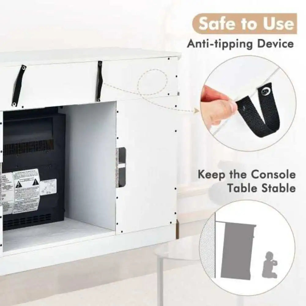 White electric fireplace TV stand with anti-tipping bracket and open interior compartment