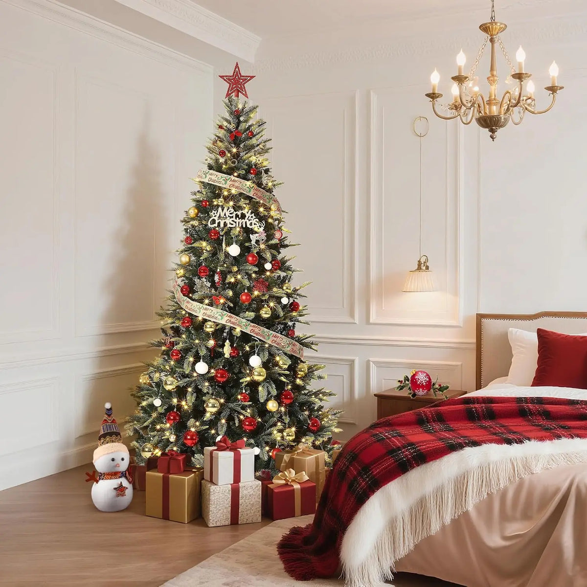 Prelit pencil Christmas tree with warm white lights, red gold ornaments, ribbon garland, star top