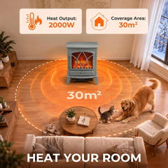 Grey electric fireplace heater with flame effect in a living room, on the floor