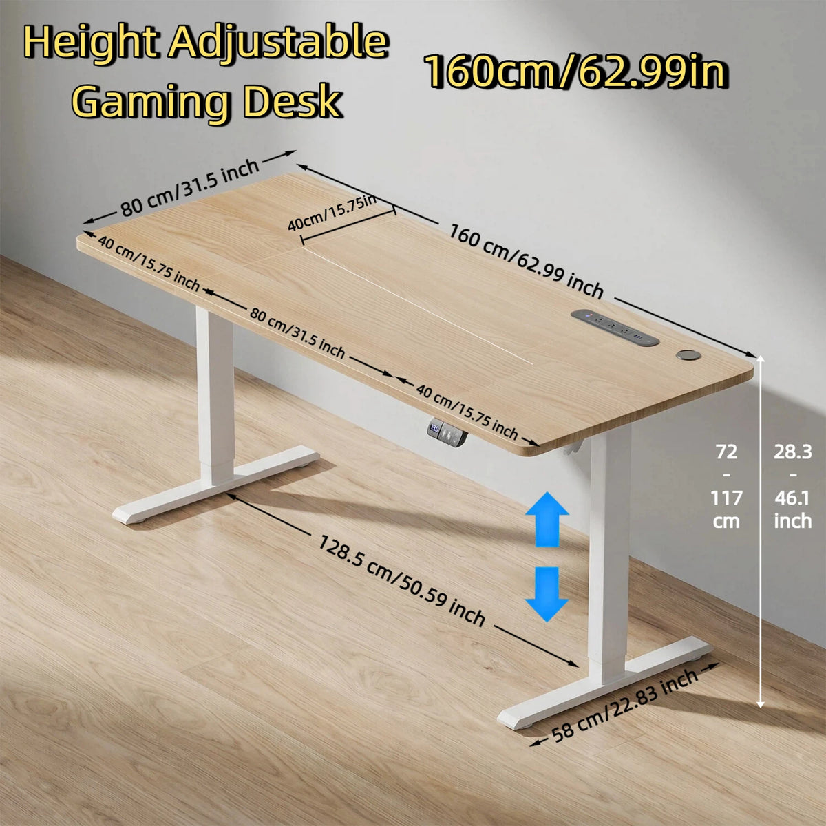 Height-adjustable desk with light wood top, white frame, 160cm width
