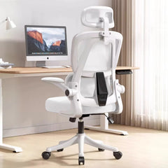 White ergonomic high-back mesh office chair with flip-up arms and swivel base