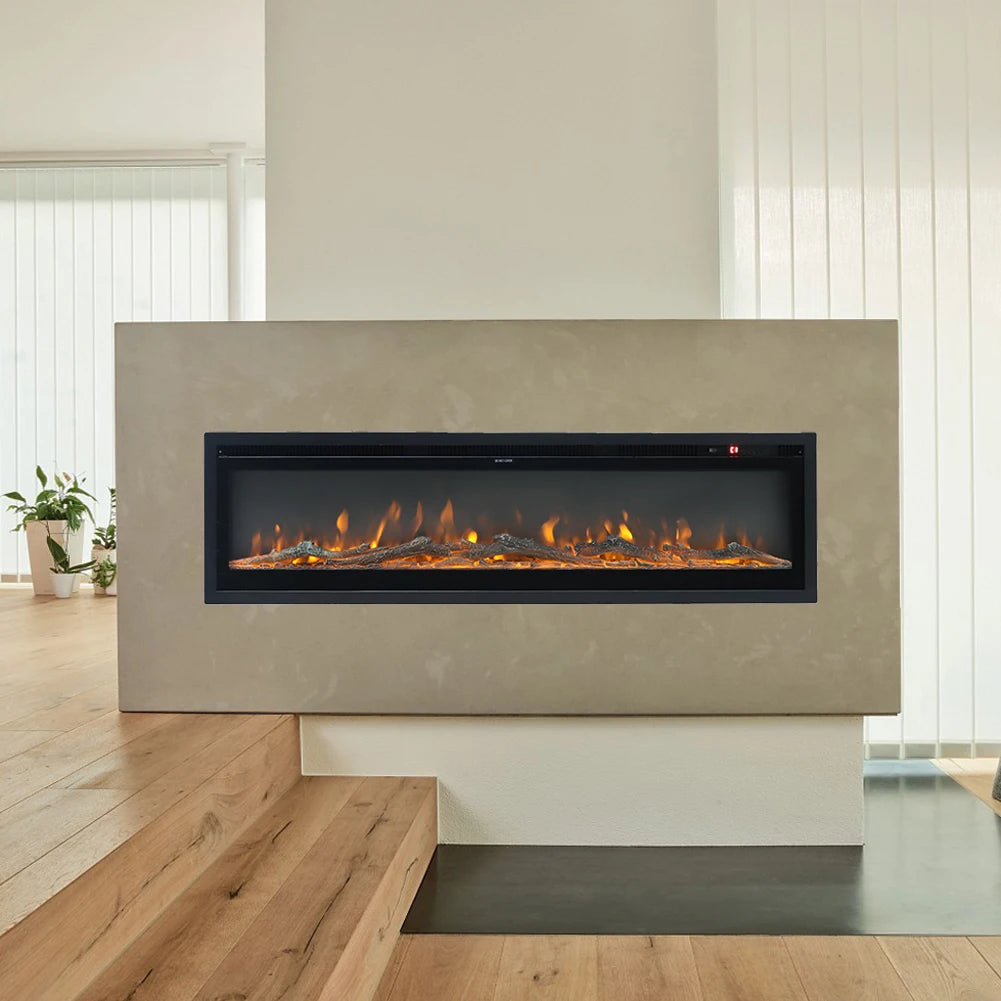 Black recessed electric fireplace with orange LED flame display in a wall niche