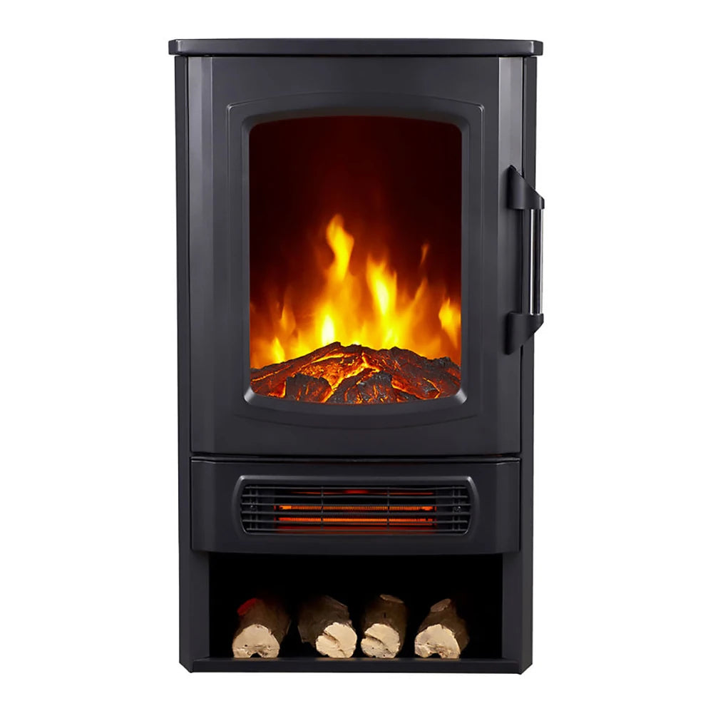 Freestanding electric fireplace heater with LED flame, front heater vent and logs, dark body