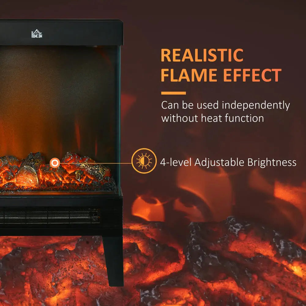 Black electric fireplace heater with LED flame effect inside tempered glass