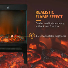 Black electric fireplace heater with LED flame effect inside tempered glass