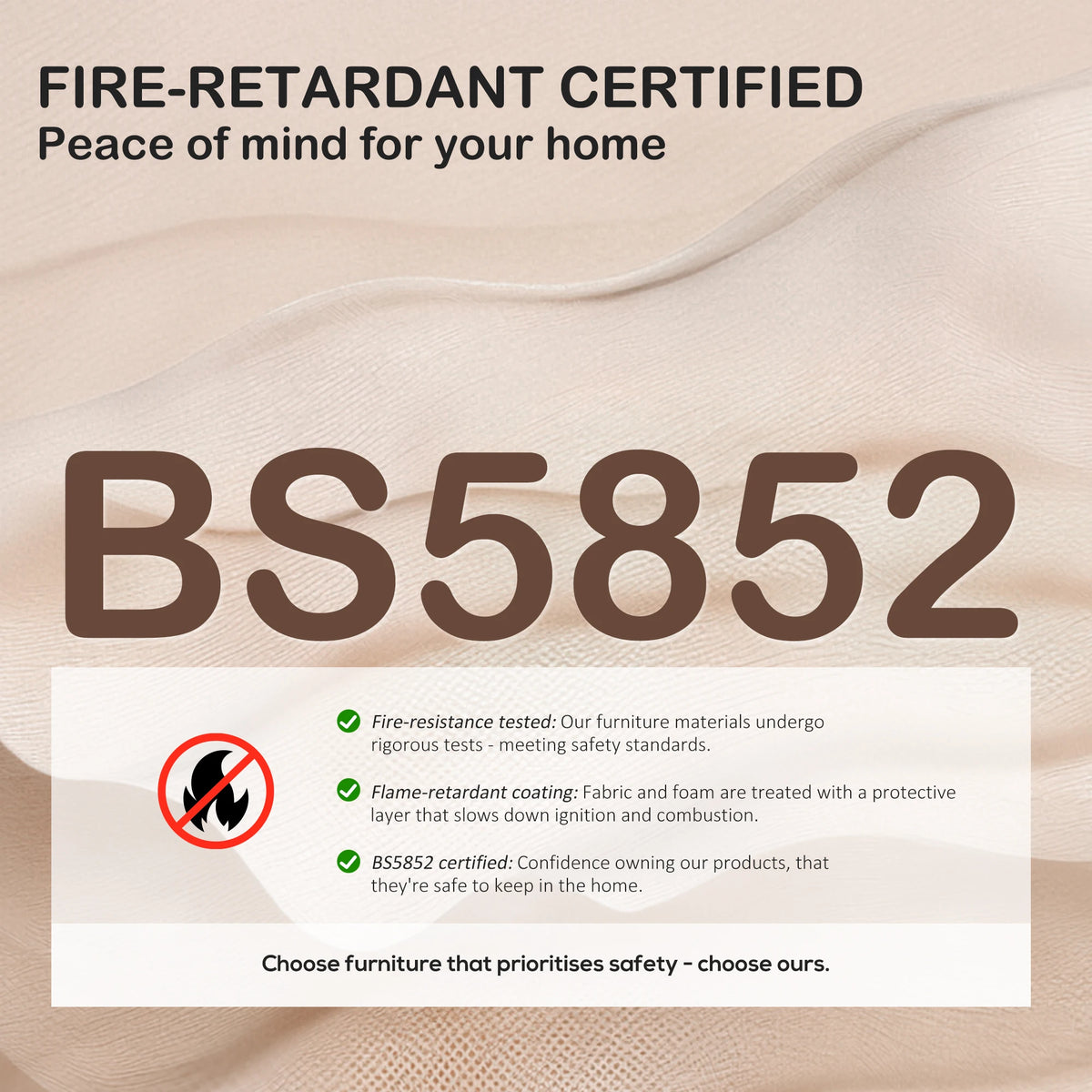 Fire-retardant certified upholstery fabric label with BS5852 code