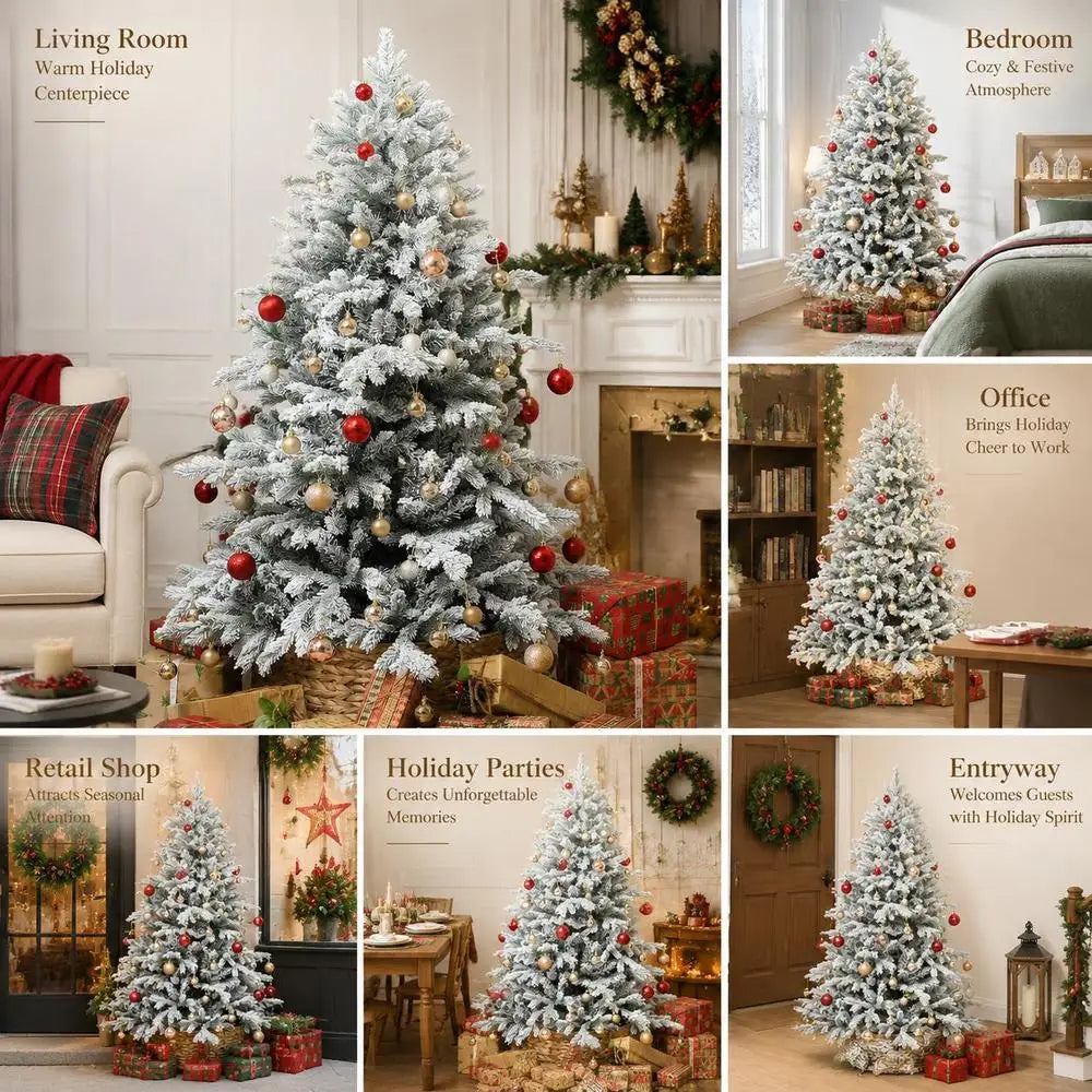 Snow-flocked artificial Christmas tree decorated with red and gold baubles on a stand