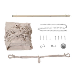 Hanging chair hardware kit: beige fabric ropes, chains, hooks, and screws.