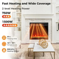 Electric fireplace insert with bright orange flame glow and heat coverage graphic