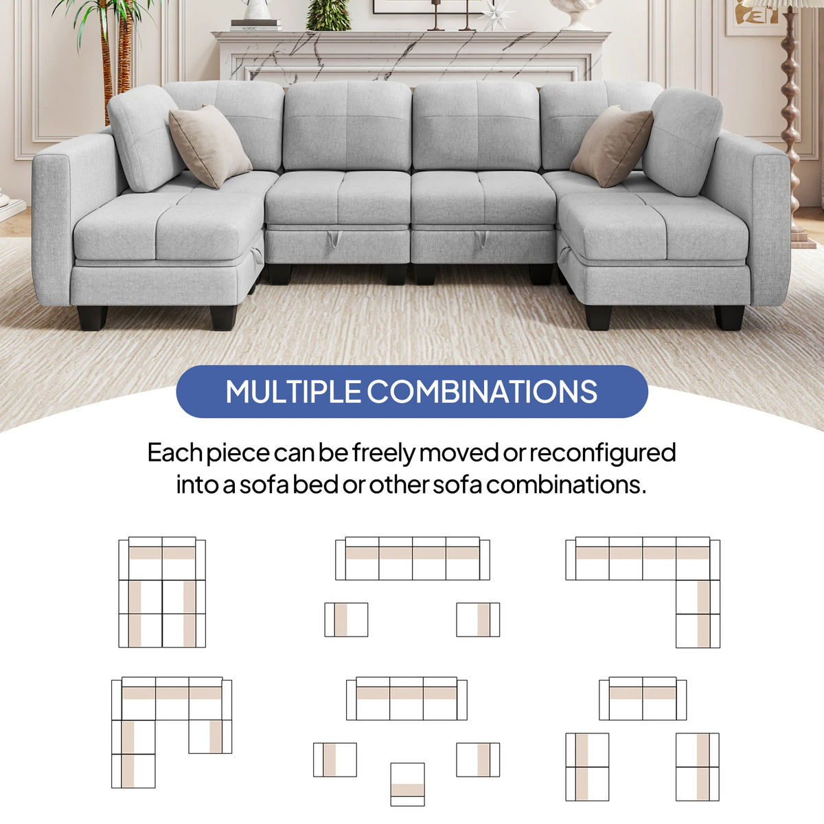 Grey sectional sofa with modular corner and ottoman-style chaise sections