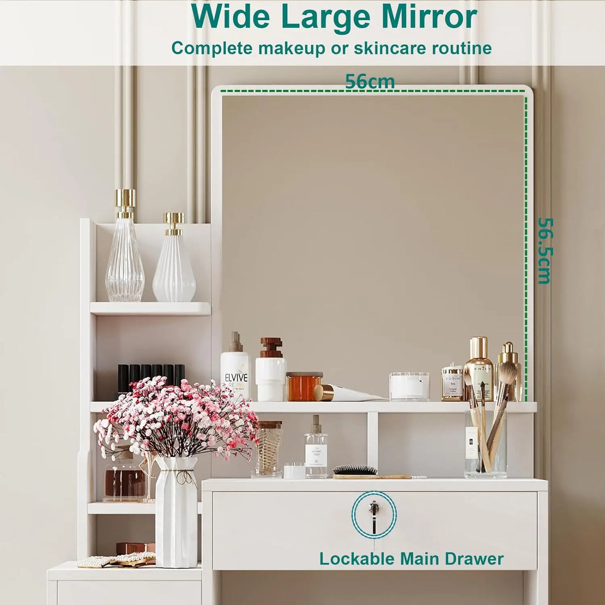 White vanity dressing table with wide mirror and open shelf for toiletries