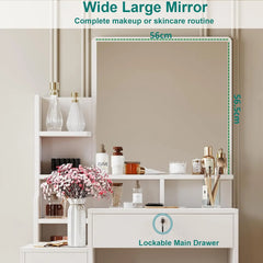 White vanity dressing table with wide mirror and open shelf for toiletries
