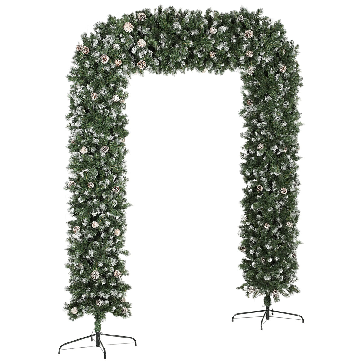 Snow-frosted artificial Christmas tree arch with pinecones and white tips, two metal stands