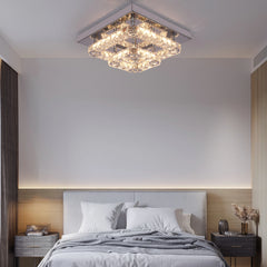 Chrome and clear crystal ceiling chandelier light, bright decorative illumination