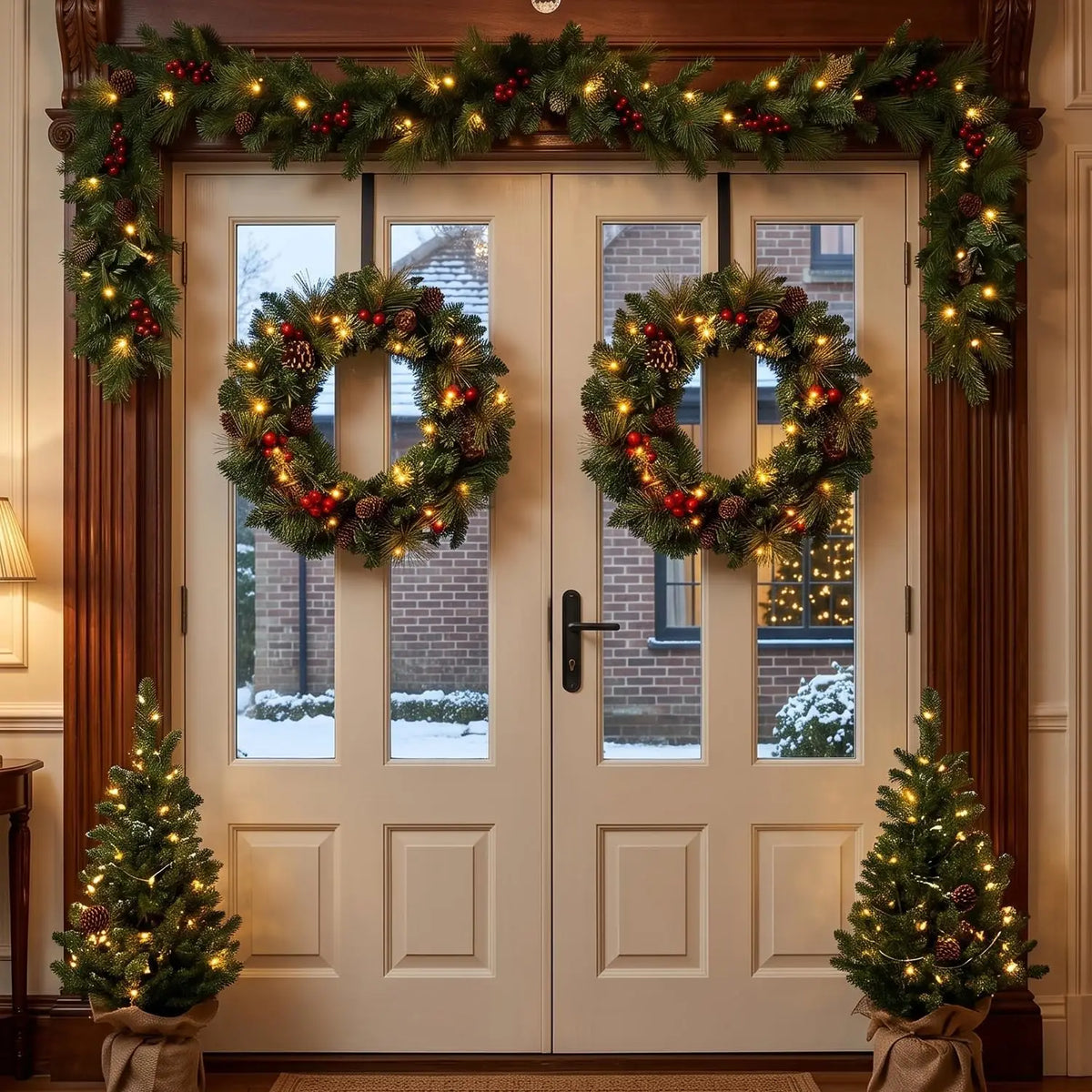 Festive Christmas twig wreath with pine, red accents, and warm white string lights