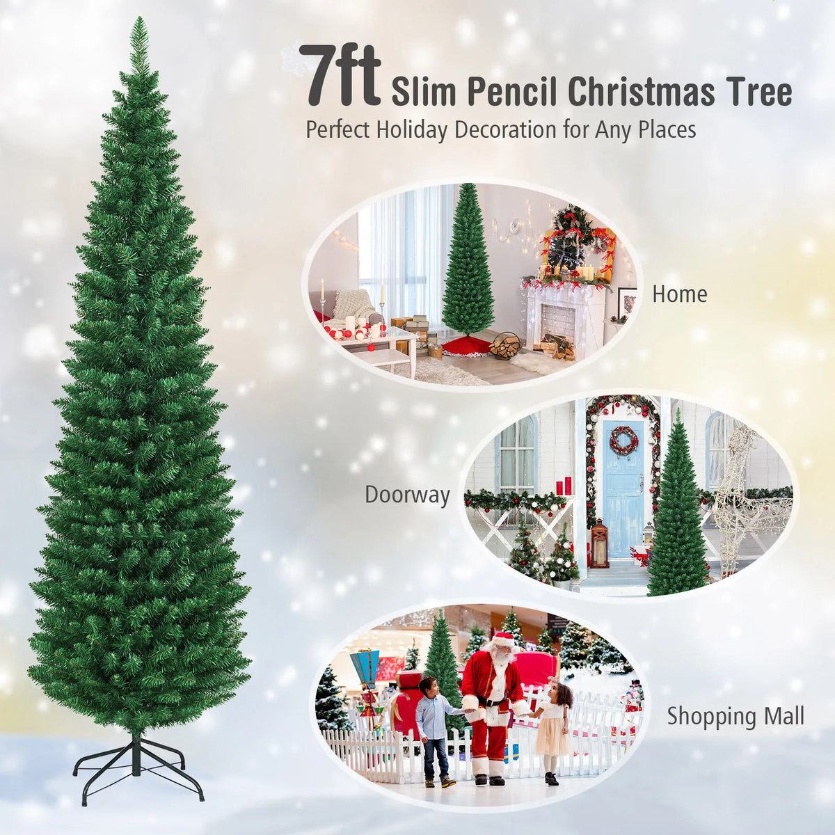 7ft green slim pencil artificial Christmas tree with metal stand