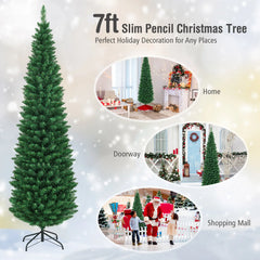 7ft green slim pencil artificial Christmas tree with metal stand
