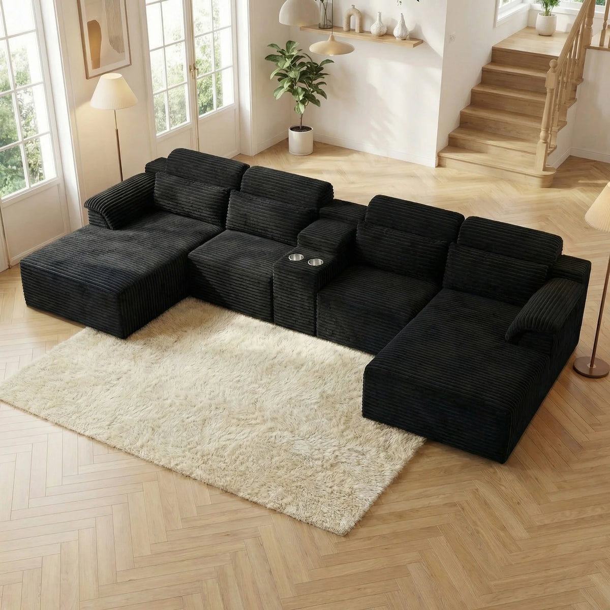 Black corduroy modular U-shape sectional sofa with two center cup holders