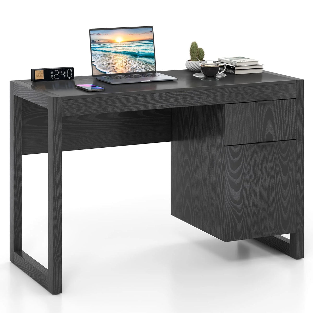 Black wooden computer desk with storage drawers and wide work surface