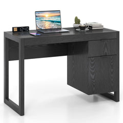 Black wooden computer desk with storage drawers and wide work surface
