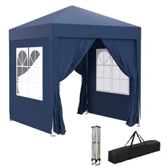Blue pop-up gazebo tent with side curtains, window panels, and carry bag