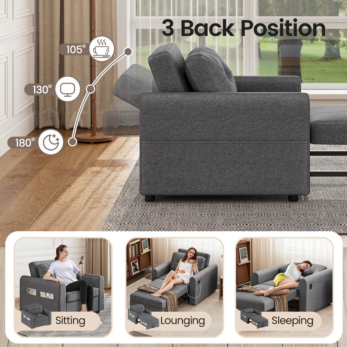 Dark grey sofa bed chair back view showing fold-down back support