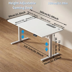 Height-adjustable gaming desk with white tabletop and white/gray electric lift legs