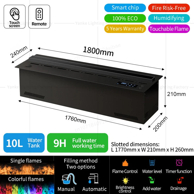Electric fireplace dimensions diagram, 1800mm unit with water tank and remote control