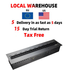 Black linear mist fireplace unit with vented front panel and built-in control area