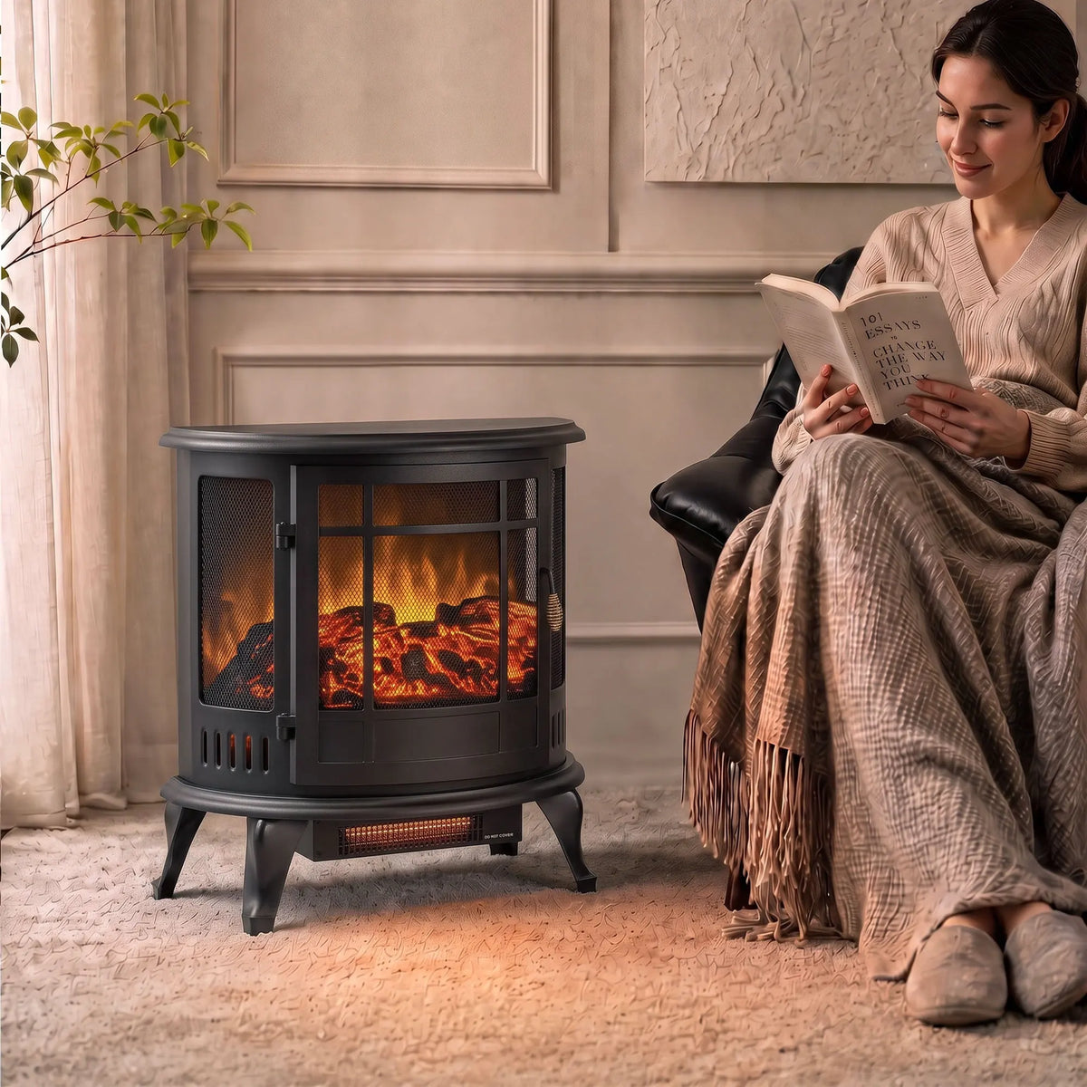 Black electric fireplace stove with glass front panel and realistic flame effect