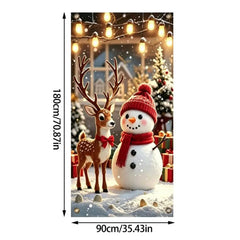 Full-length snowman and reindeer Christmas door cover banner with hanging lights