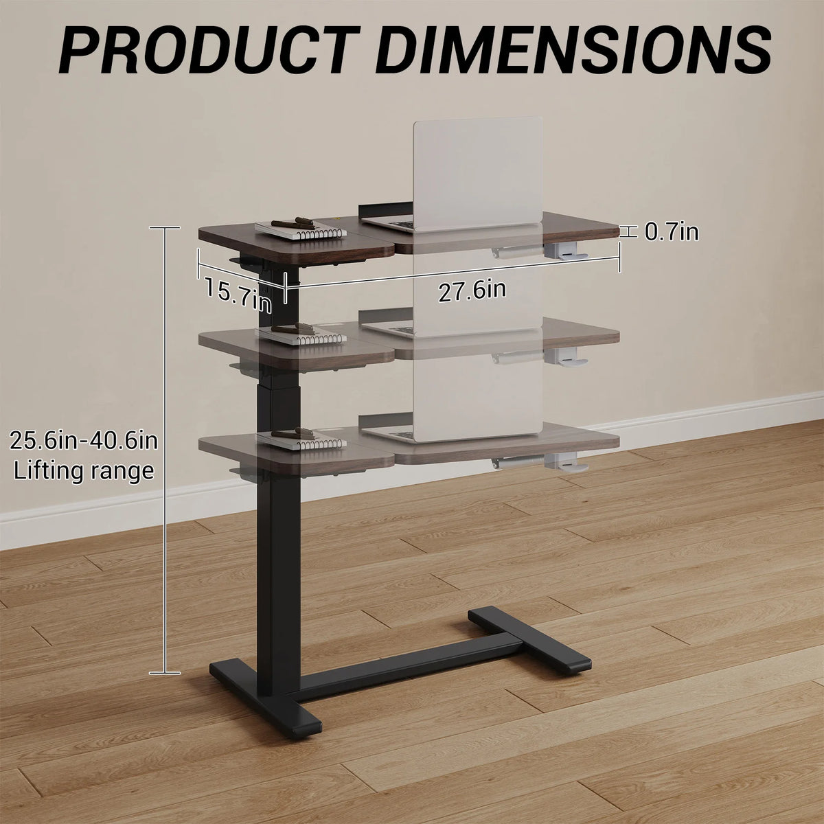 Height-adjustable overbed table with tilting top and black standing base