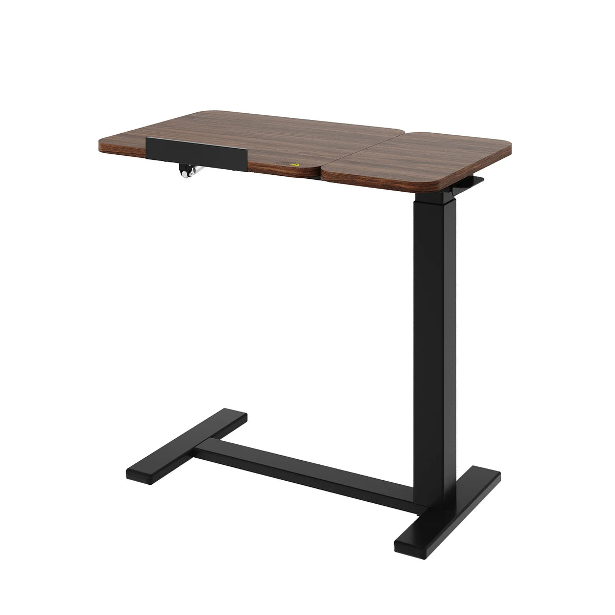 Adjustable overbed table with tilting top, dark wood surface, and black base