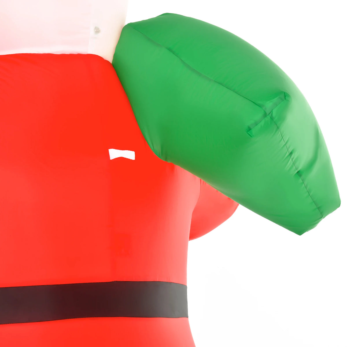Inflatable Santa Claus torso in red with green gift bag, glossy fabric and seams