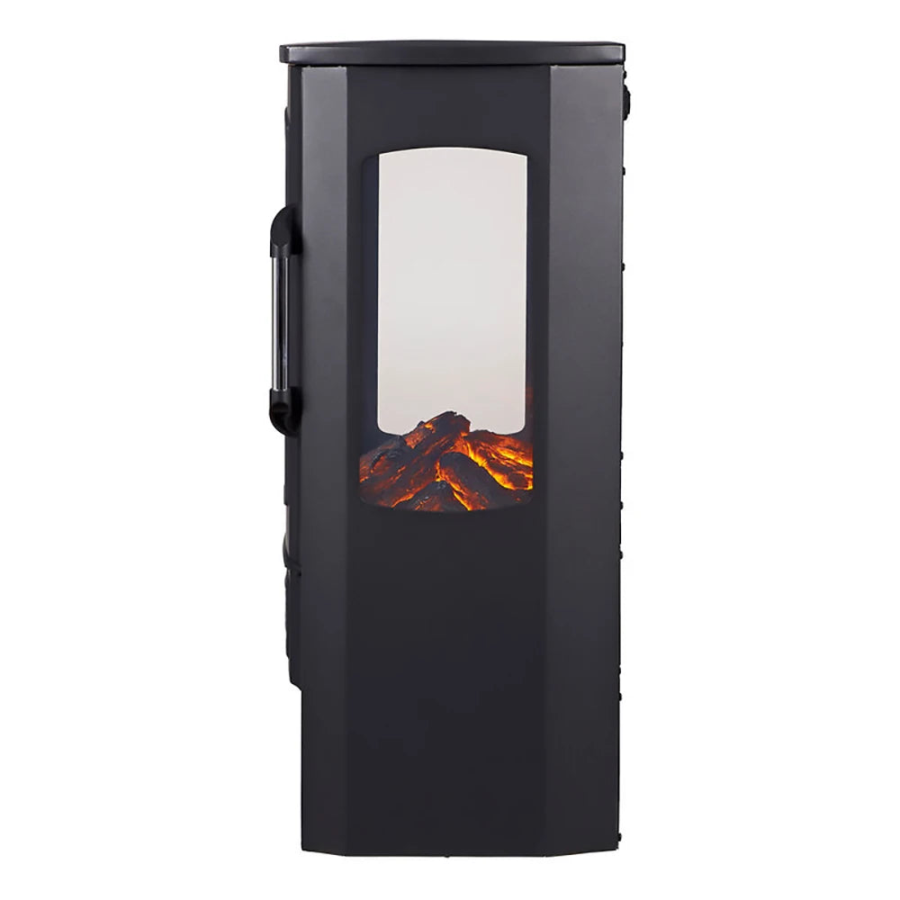 Freestanding electric fireplace heater, rear view with white display window, dark body