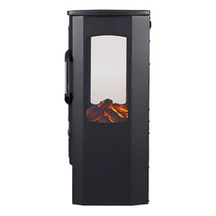 Freestanding electric fireplace heater, rear view with white display window, dark body